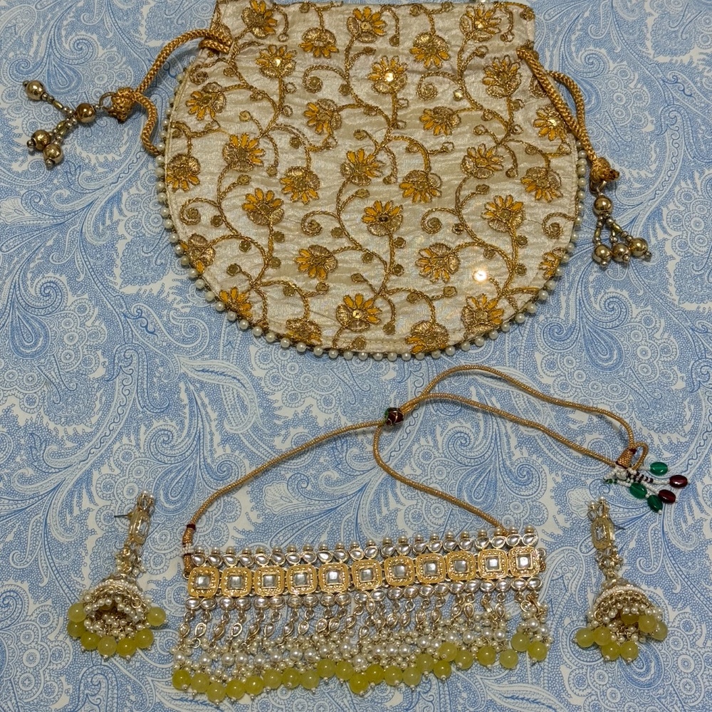 Yellow Glass Beaded Necklace/Jhumka styled Earrings +Yellow/Gold Embroidered Bag